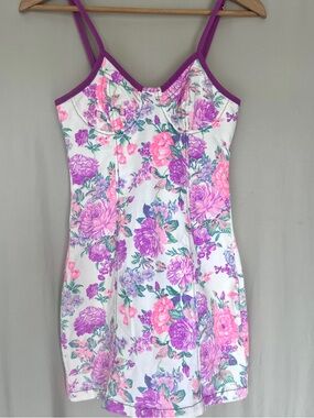 MinkPink Mini Dress • Neon Pink Purple florals•Stretch Denim Bodycon • Festival
